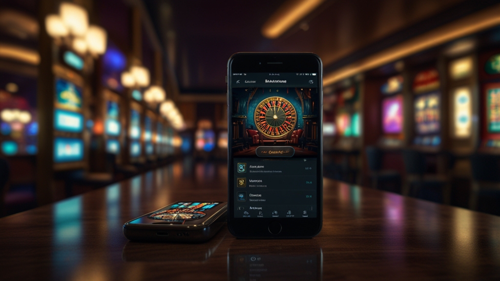 Android and iPhone phones beside a download requirements checklist in a dark casino scene