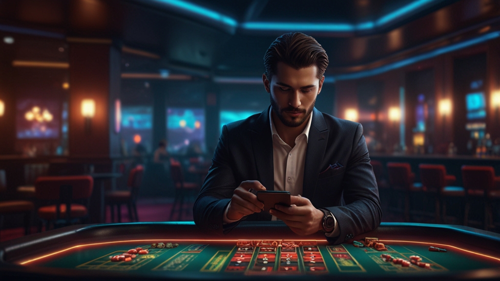 Player using a phone with strong signal and battery in a neon casino lounge