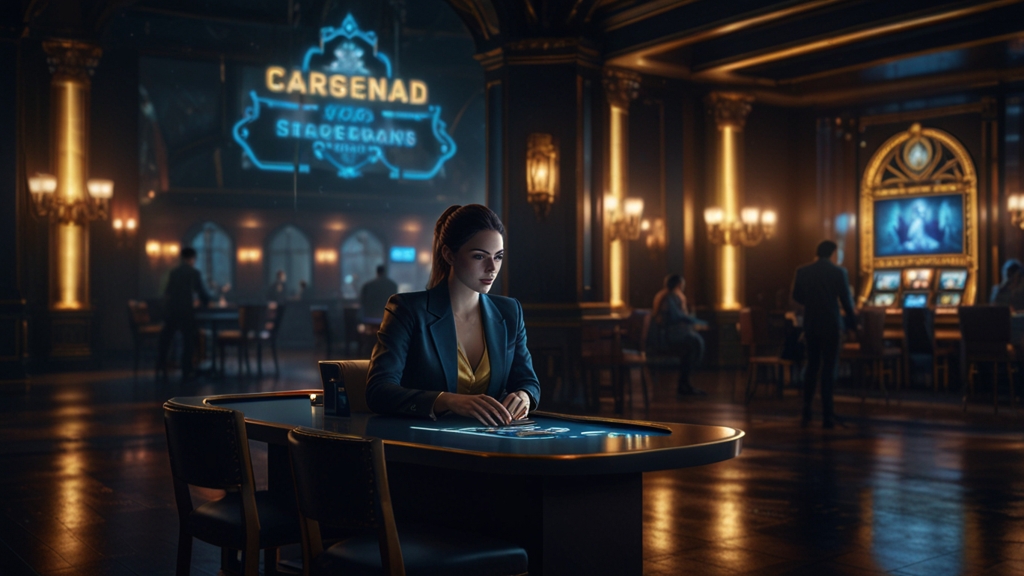 Player signing in on a glowing casino login screen in a dark lobby