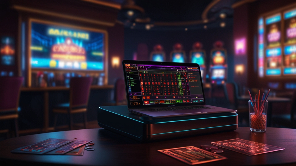Bonus terms sheet and wagering notes beside chips in a dark casino setting